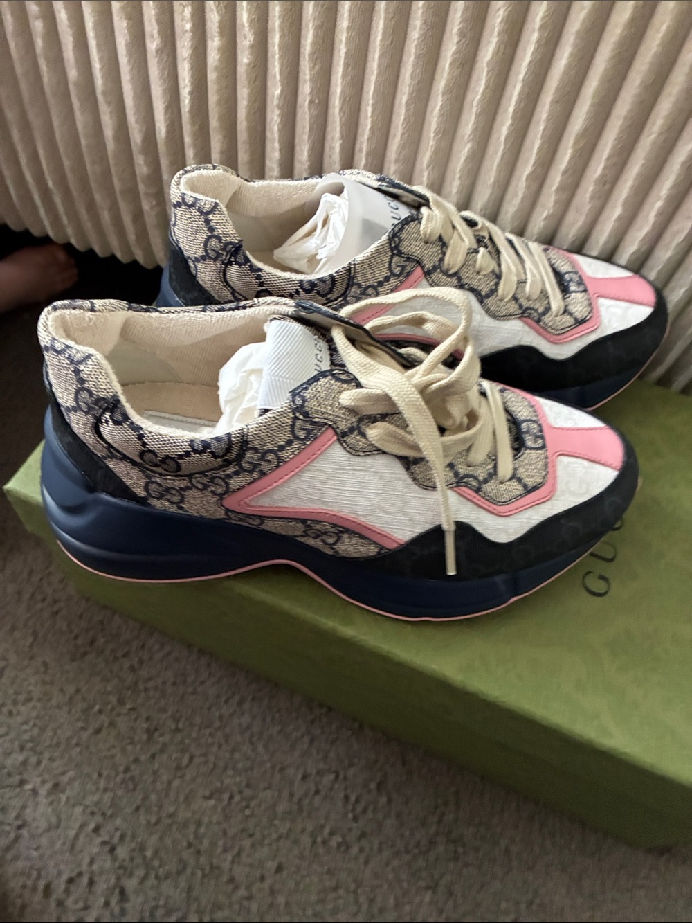 Gucci Women's Pink, Navy & Beige GG Canvas Rhyton Sneaker